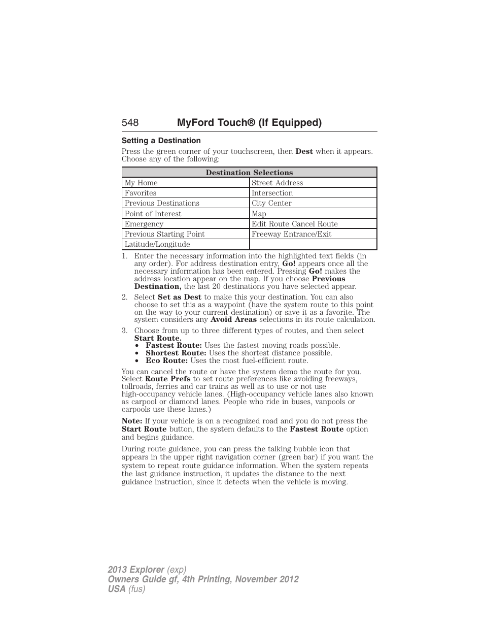 Setting a destination, 548 myford touch® (if equipped) | FORD 2013 Explorer v.4 User Manual | Page 549 / 586