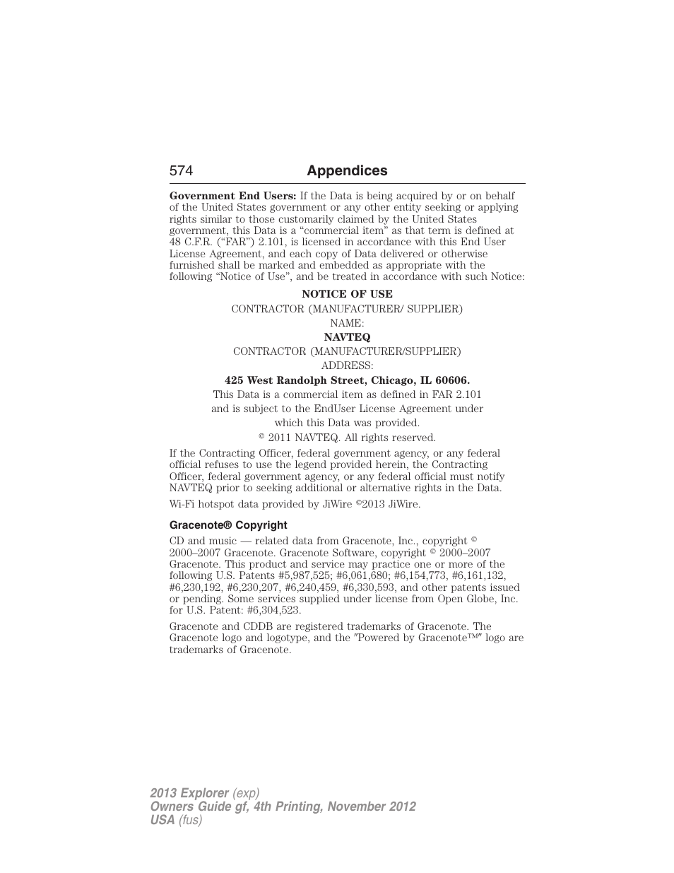 Gracenote® copyright, 574 appendices | FORD 2013 Explorer v.4 User Manual | Page 575 / 586