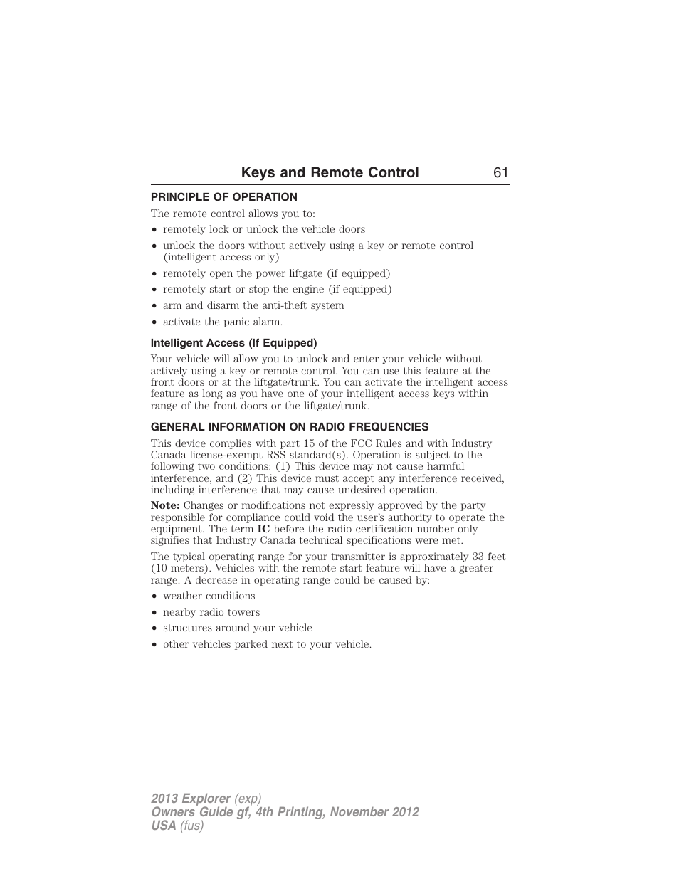 Keys and remote control, Principle of operation, Intelligent access (if equipped) | General information on radio frequencies, Keys and remote control 61 | FORD 2013 Explorer v.4 User Manual | Page 62 / 586