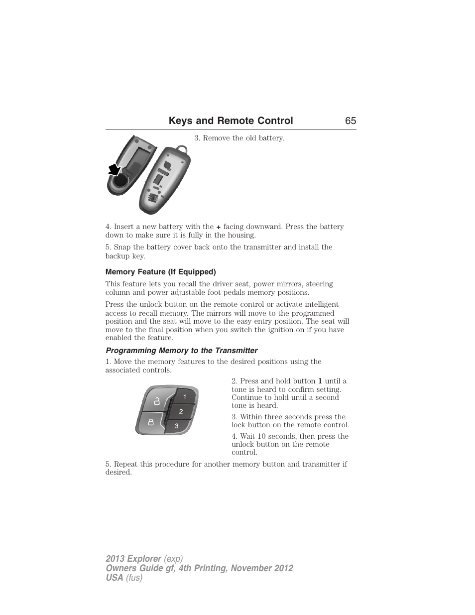 Memory feature (if equipped), Programming memory to the transmitter, Keys and remote control 65 | FORD 2013 Explorer v.4 User Manual | Page 66 / 586