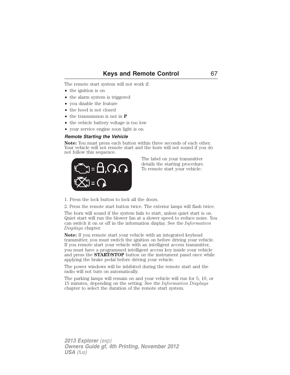 Remote starting the vehicle, Keys and remote control 67 | FORD 2013 Explorer v.4 User Manual | Page 68 / 586