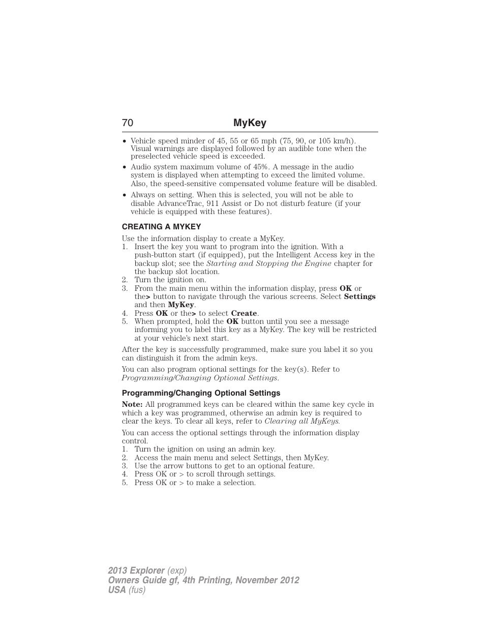 Creating a mykey, Programming/changing optional settings, Creating | 70 mykey | FORD 2013 Explorer v.4 User Manual | Page 71 / 586