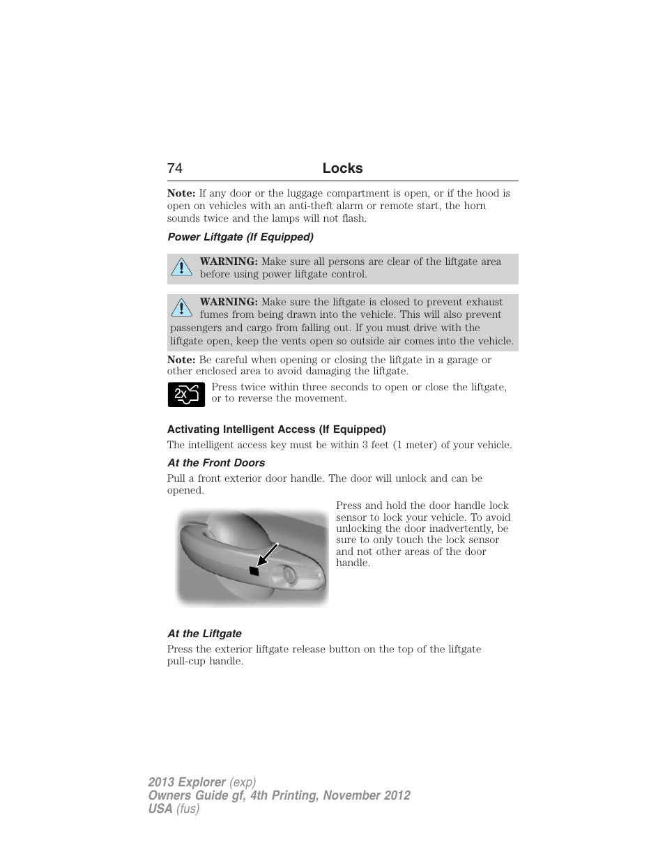 Power liftgate (if equipped), Activating intelligent access (if equipped), At the front doors | At the liftgate, 74 locks | FORD 2013 Explorer v.4 User Manual | Page 75 / 586