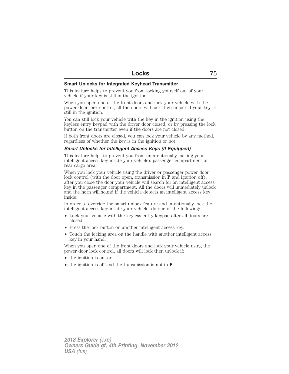 Smart unlocks for integrated keyhead transmitter, Locks 75 | FORD 2013 Explorer v.4 User Manual | Page 76 / 586