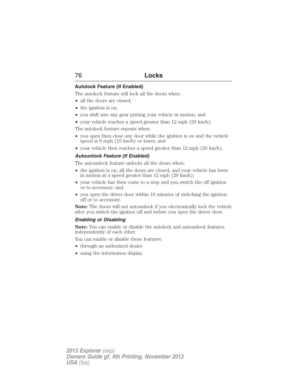 Autolock feature (if enabled), Autounlock feature (if enabled), Enabling or disabling | 76 locks | FORD 2013 Explorer v.4 User Manual | Page 77 / 586