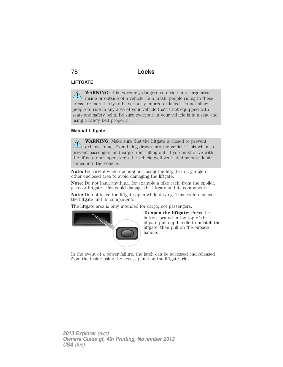 Liftgate, Manual liftgate, 78 locks | FORD 2013 Explorer v.4 User Manual | Page 79 / 586