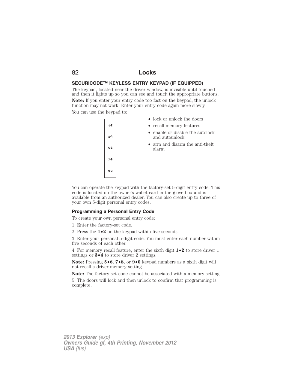 Securicode™ keyless entry keypad (if equipped), Programming a personal entry code, Securicode™ keyless entry keypad | 82 locks | FORD 2013 Explorer v.4 User Manual | Page 83 / 586