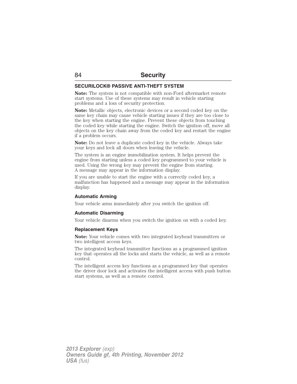 Security, Securilock® passive anti-theft system, Automatic arming | Automatic disarming, Replacement keys, 84 security | FORD 2013 Explorer v.4 User Manual | Page 85 / 586