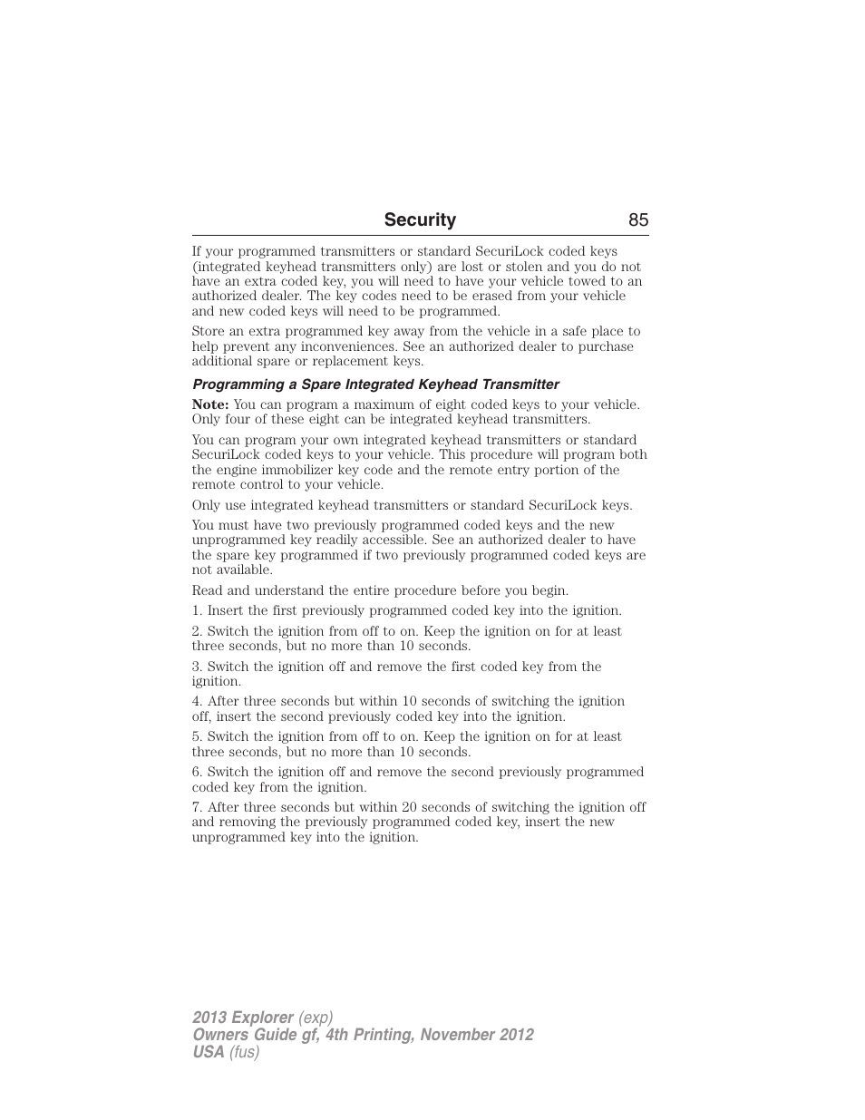 Programming a spare integrated keyhead transmitter, Security 85 | FORD 2013 Explorer v.4 User Manual | Page 86 / 586