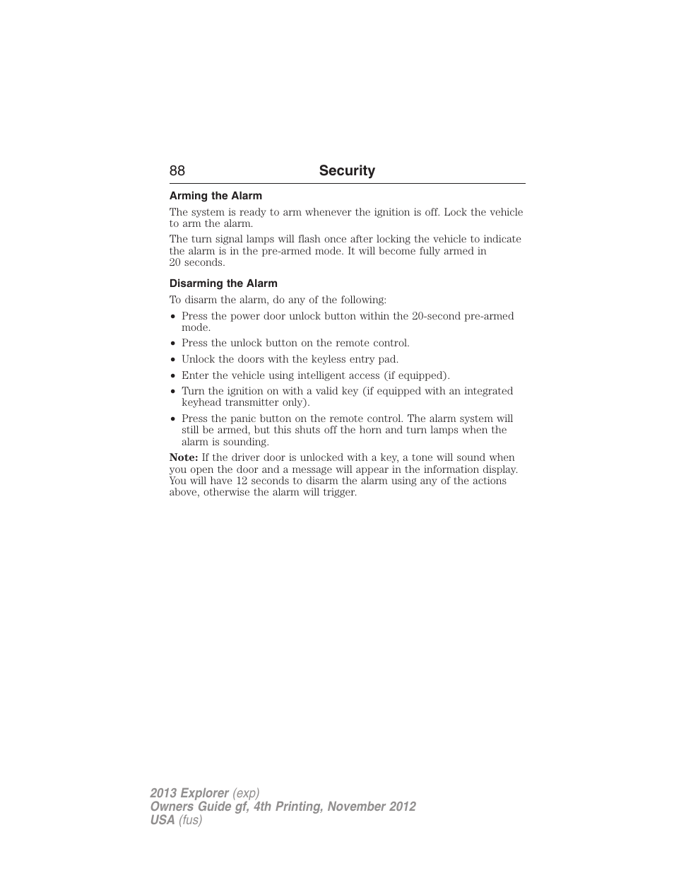 Arming the alarm, Disarming the alarm, 88 security | FORD 2013 Explorer v.4 User Manual | Page 89 / 586