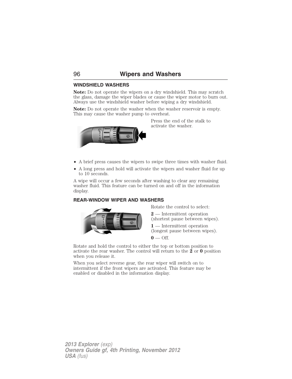 Windshield washers, Rear-window wiper and washers, Rear-window wiper and washer | 96 wipers and washers | FORD 2013 Explorer v.4 User Manual | Page 97 / 586