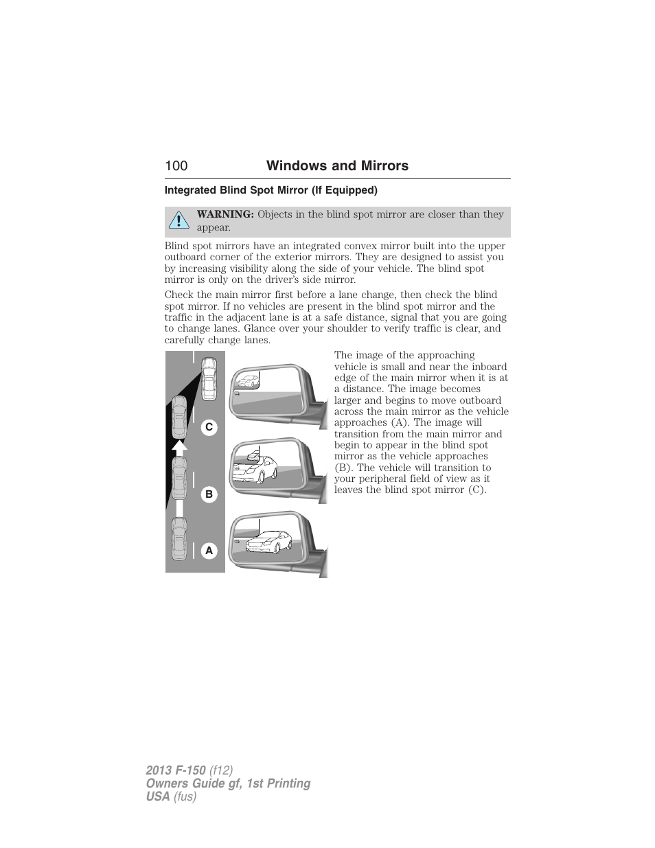 Integrated blind spot mirror (if equipped), 100 windows and mirrors | FORD 2013 F-150 v.1 User Manual | Page 100 / 570