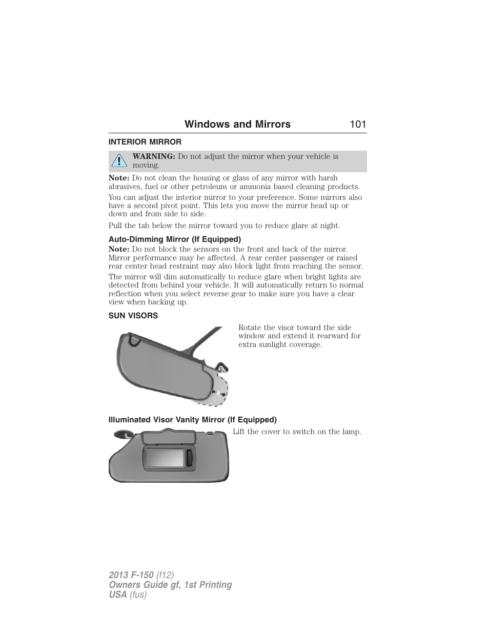 Interior mirror, Auto-dimming mirror (if equipped), Sun visors | Illuminated visor vanity mirror (if equipped), Interior mirrors, Windows and mirrors 101 | FORD 2013 F-150 v.1 User Manual | Page 101 / 570