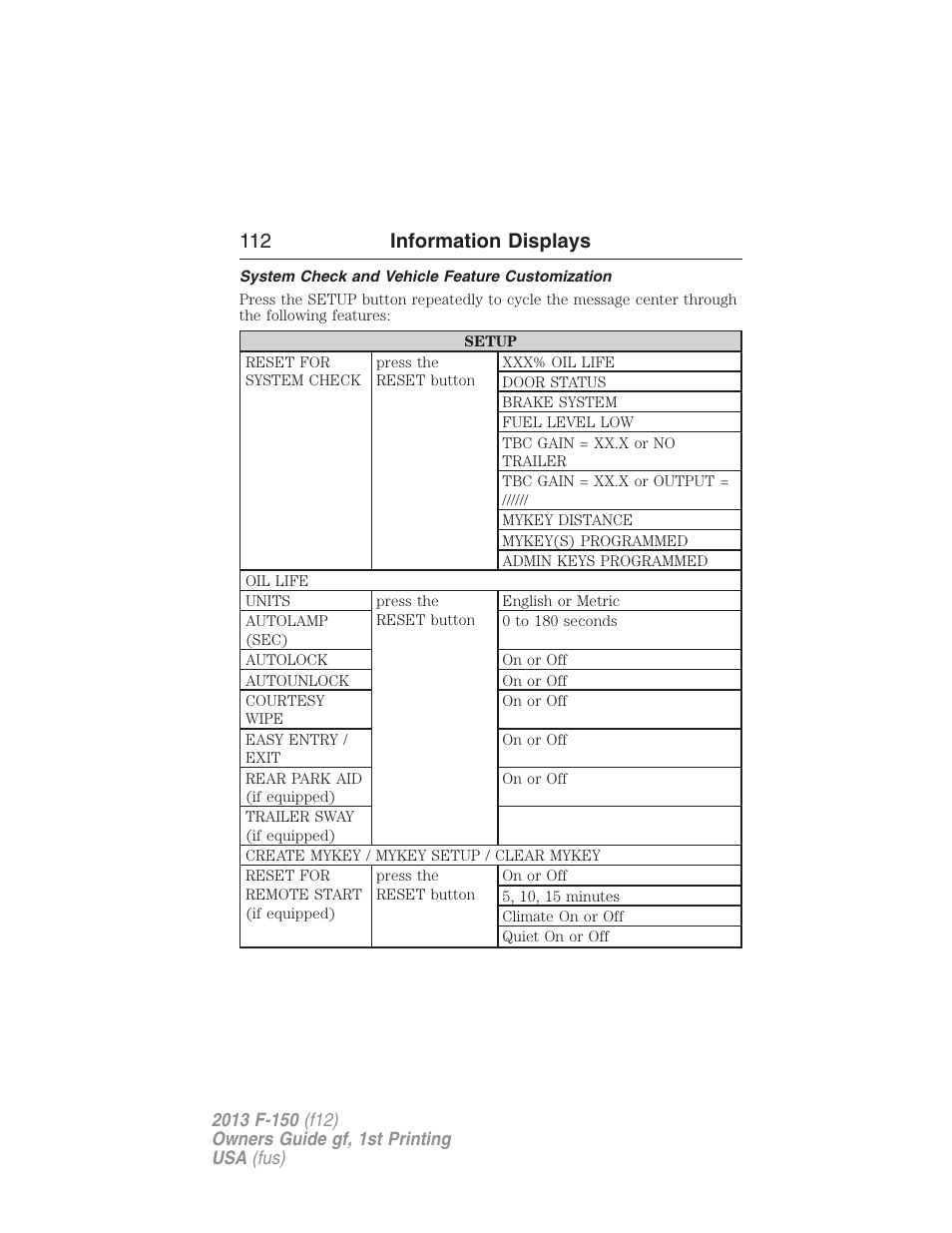 System check and vehicle feature customization, 112 information displays | FORD 2013 F-150 v.1 User Manual | Page 112 / 570