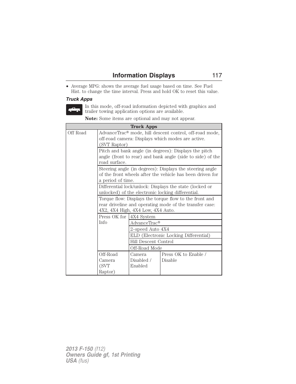 Truck apps, Information displays 117 | FORD 2013 F-150 v.1 User Manual | Page 117 / 570