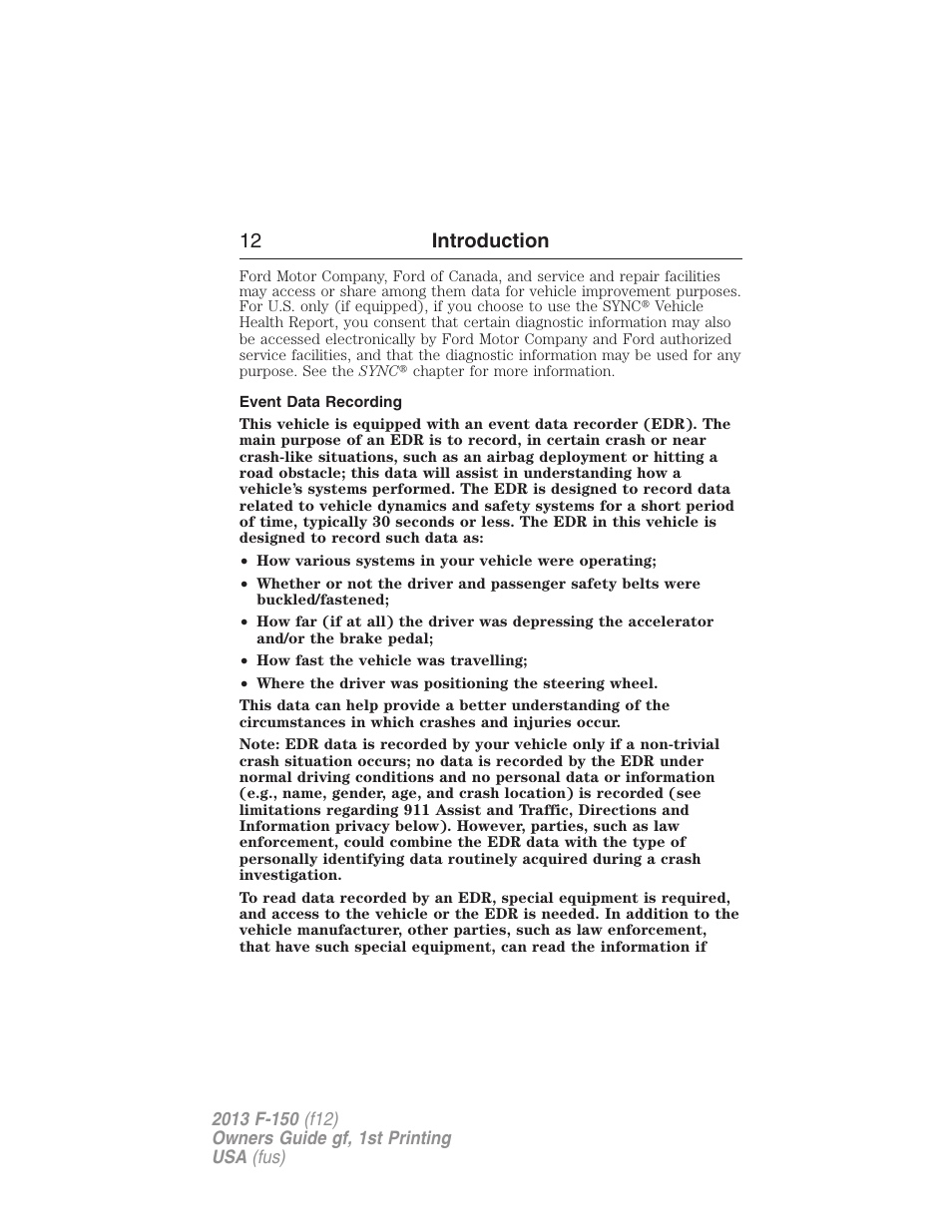 Event data recording, 12 introduction | FORD 2013 F-150 v.1 User Manual | Page 12 / 570