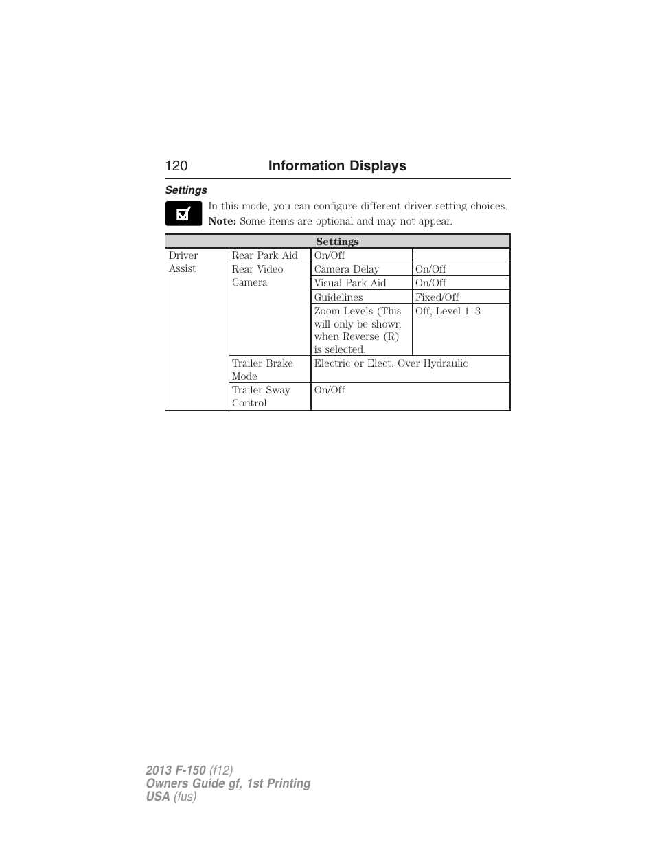 Settings, 120 information displays | FORD 2013 F-150 v.1 User Manual | Page 120 / 570