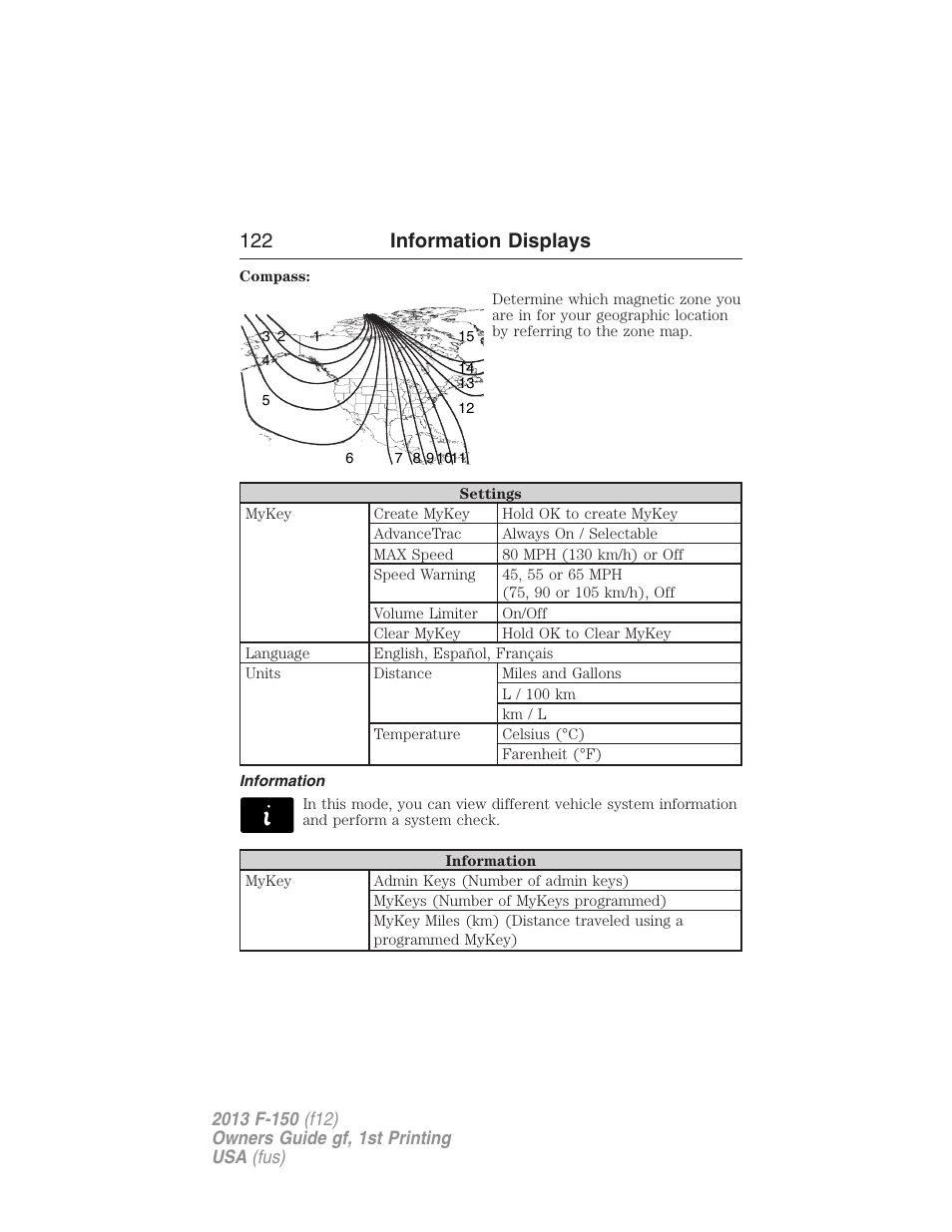 Information, 122 information displays | FORD 2013 F-150 v.1 User Manual | Page 122 / 570