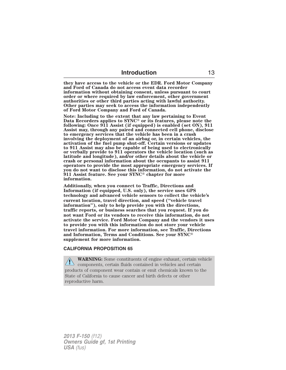 California proposition 65, Introduction 13 | FORD 2013 F-150 v.1 User Manual | Page 13 / 570