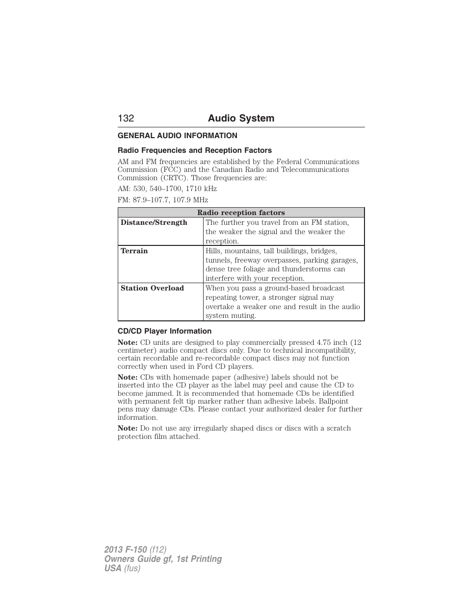 Audio system, General audio information, Radio frequencies and reception factors | Cd/cd player information, 132 audio system | FORD 2013 F-150 v.1 User Manual | Page 132 / 570