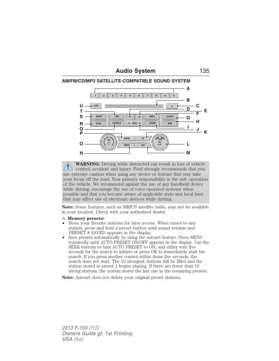 Am/fm/cd/mp3 satellite-compatible sound system, Am/fm stereo with cd/mp3, Audio system 135 | FORD 2013 F-150 v.1 User Manual | Page 135 / 570