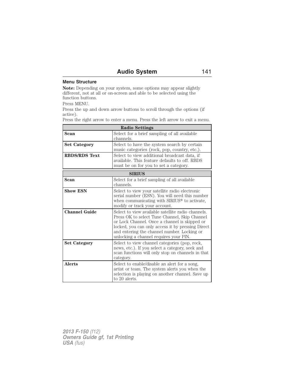 Menu structure, Audio system 141 | FORD 2013 F-150 v.1 User Manual | Page 141 / 570