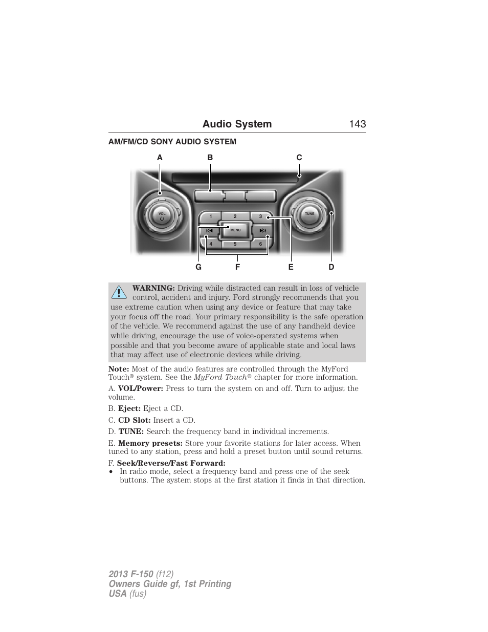 Am/fm/cd sony audio system, Audio system 143 | FORD 2013 F-150 v.1 User Manual | Page 143 / 570