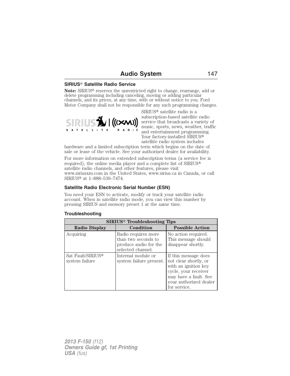 Sirius? satellite radio service, Satellite radio electronic serial number (esn), Troubleshooting | Audio system 147 | FORD 2013 F-150 v.1 User Manual | Page 147 / 570