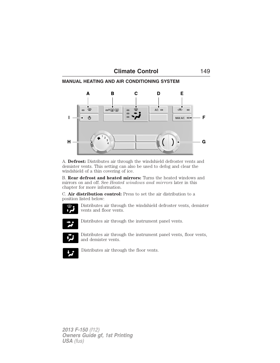 Climate control, Manual heating and air conditioning system, Manual heating and air conditioning | Climate control 149 | FORD 2013 F-150 v.1 User Manual | Page 149 / 570