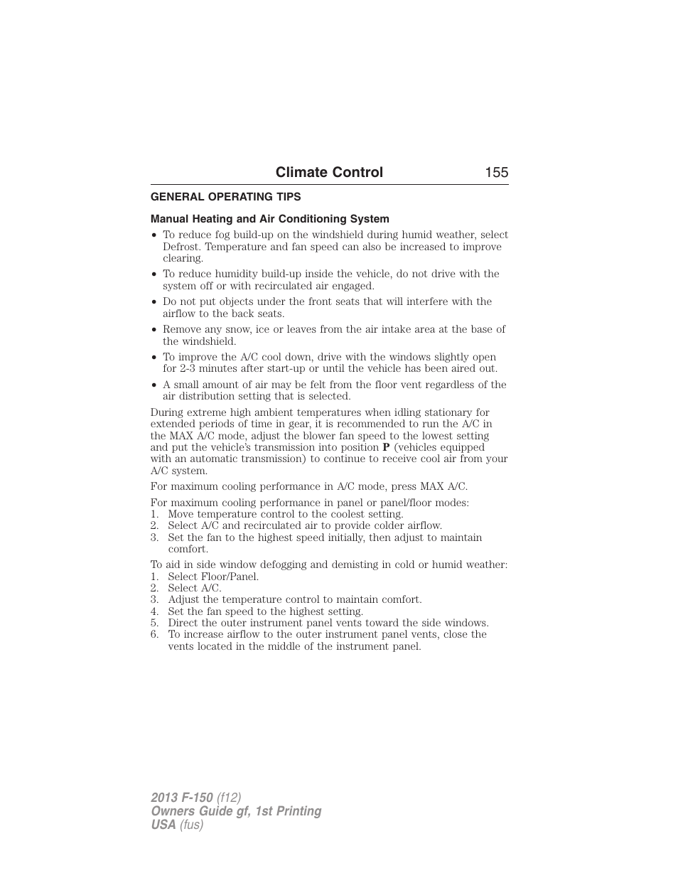 General operating tips, Manual heating and air conditioning system, Climate control 155 | FORD 2013 F-150 v.1 User Manual | Page 155 / 570