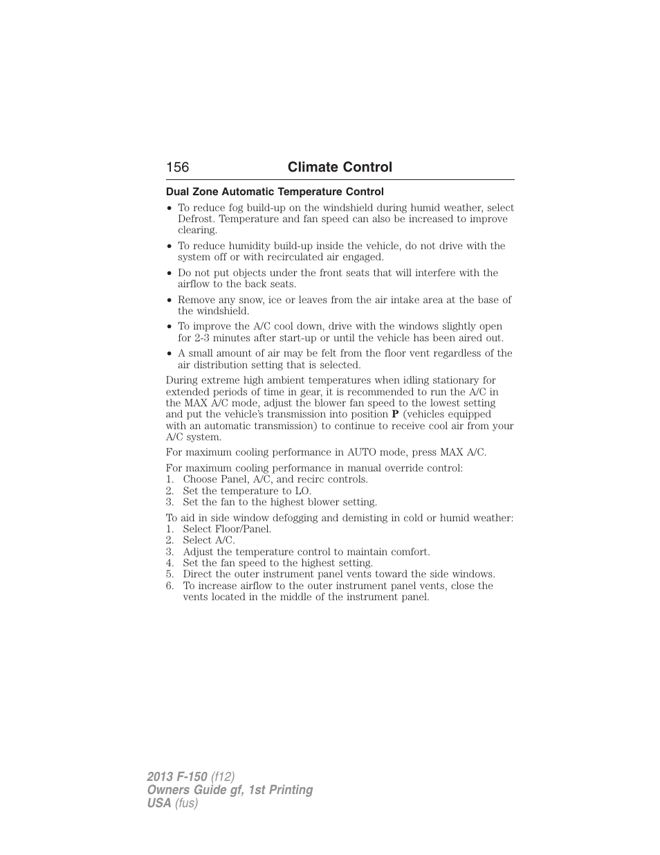 Dual zone automatic temperature control, 156 climate control | FORD 2013 F-150 v.1 User Manual | Page 156 / 570