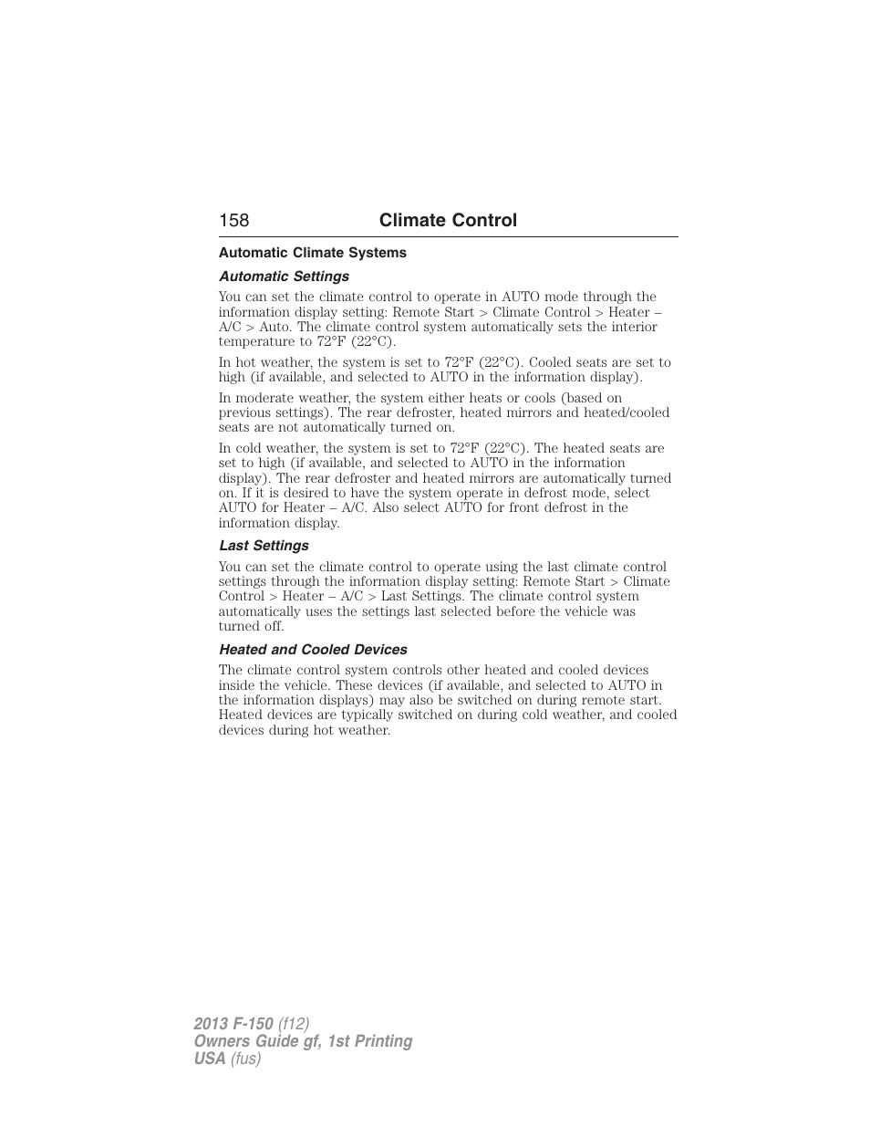 Automatic climate systems, Automatic settings, Last settings | Heated and cooled devices, 158 climate control | FORD 2013 F-150 v.1 User Manual | Page 158 / 570