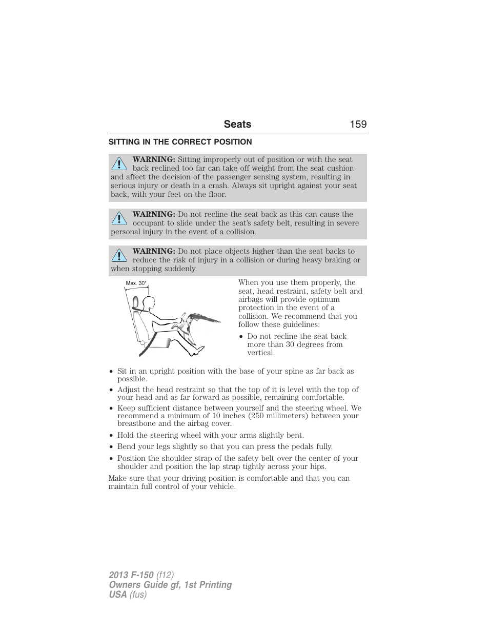 Seats, Sitting in the correct position, Seats 159 | FORD 2013 F-150 v.1 User Manual | Page 159 / 570