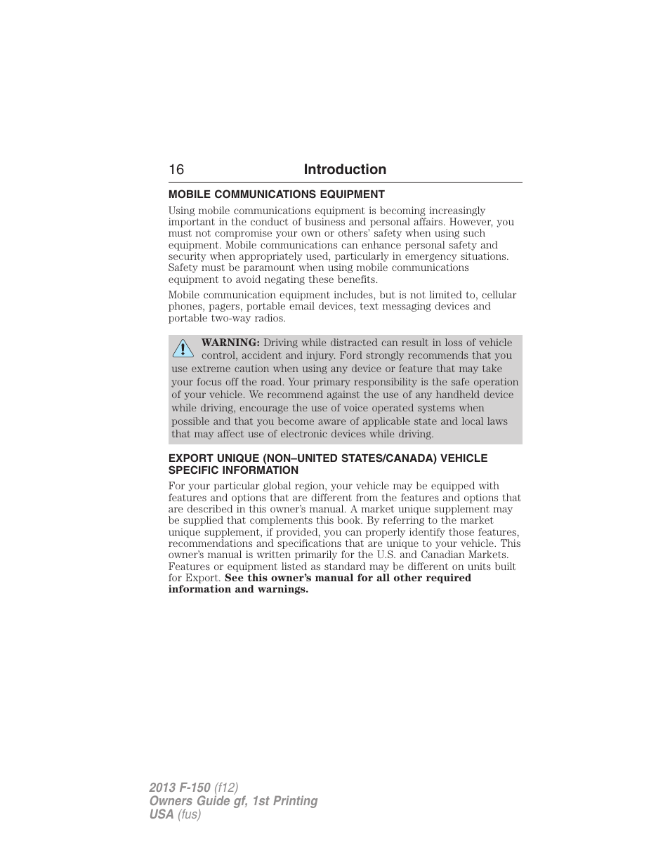 Mobile communications equipment, 16 introduction | FORD 2013 F-150 v.1 User Manual | Page 16 / 570