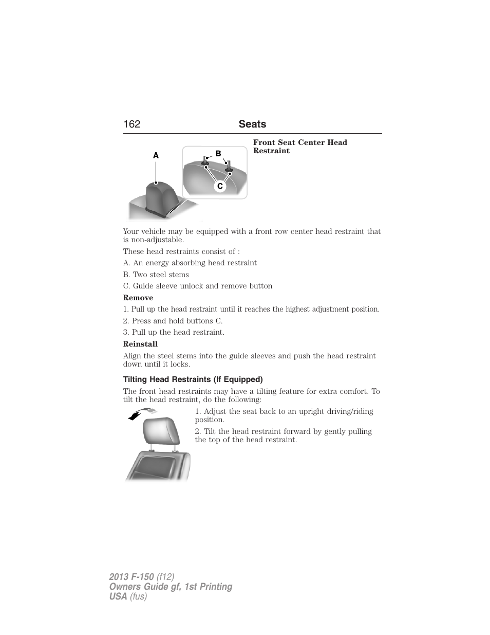 Tilting head restraints (if equipped), 162 seats | FORD 2013 F-150 v.1 User Manual | Page 162 / 570