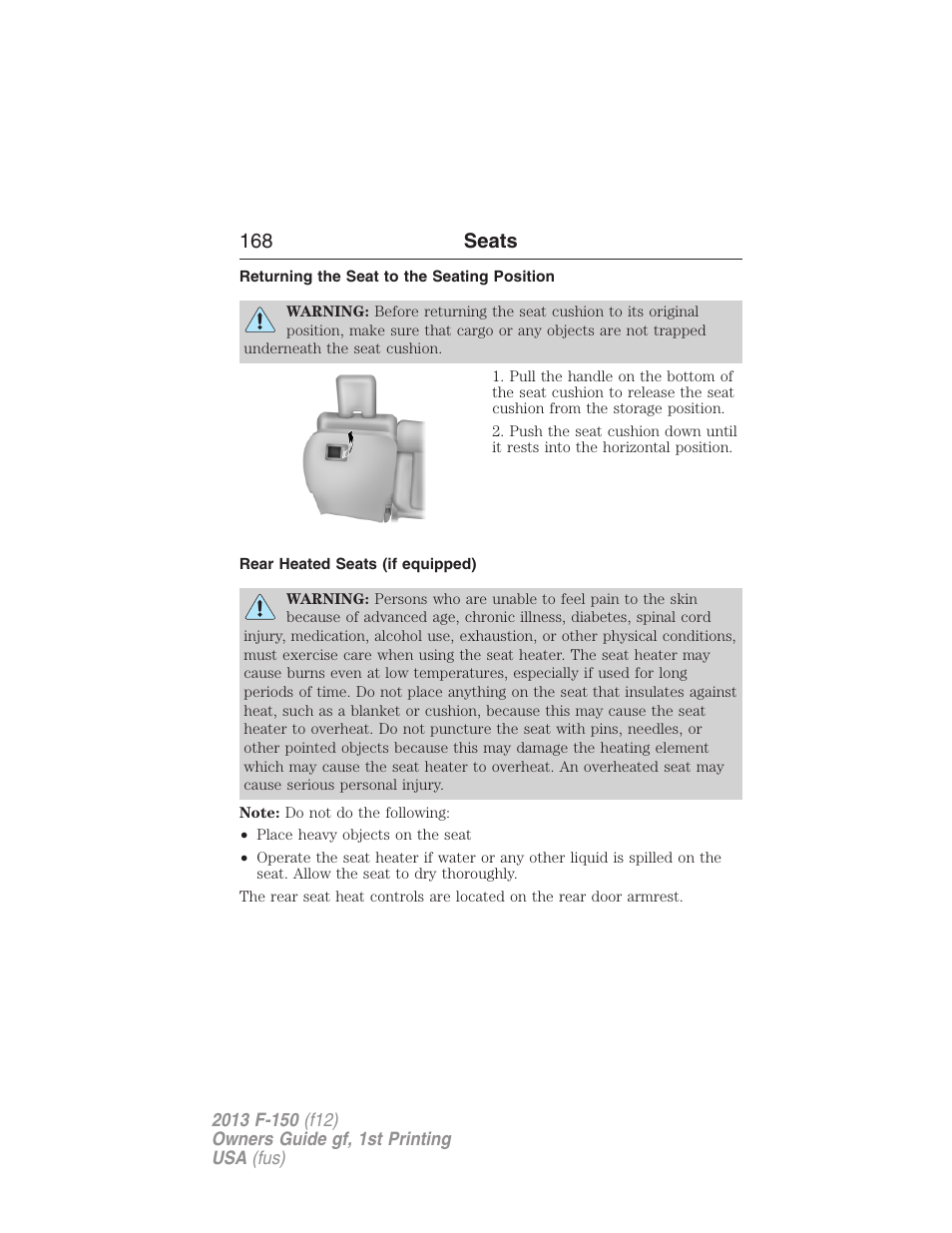 Returning the seat to the seating position, Rear heated seats (if equipped), 168 seats | FORD 2013 F-150 v.1 User Manual | Page 168 / 570
