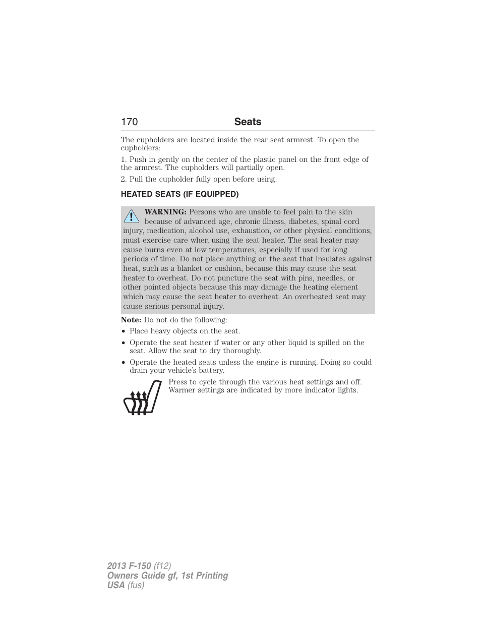 Heated seats (if equipped), Heated seats, 170 seats | FORD 2013 F-150 v.1 User Manual | Page 170 / 570