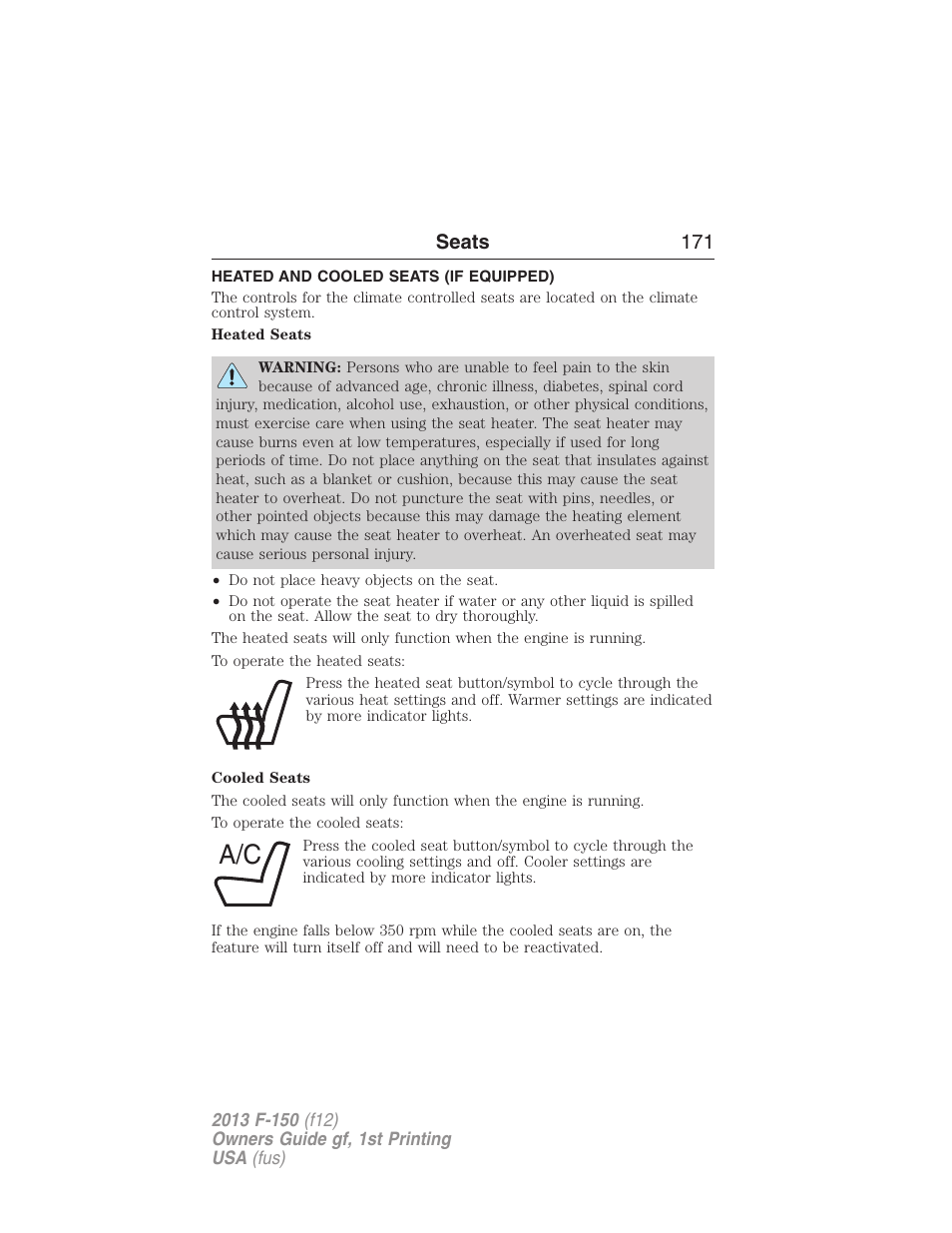 Heated and cooled seats (if equipped), Heated and cooled seats, Seats 171 | FORD 2013 F-150 v.1 User Manual | Page 171 / 570