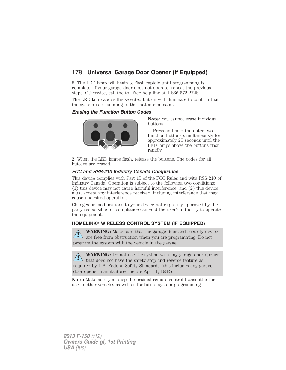 Erasing the function button codes, Fcc and rss-210 industry canada compliance, Homelink? wireless control system (if equipped) | Homelink, Wireless control system, 178 universal garage door opener (if equipped) | FORD 2013 F-150 v.1 User Manual | Page 178 / 570