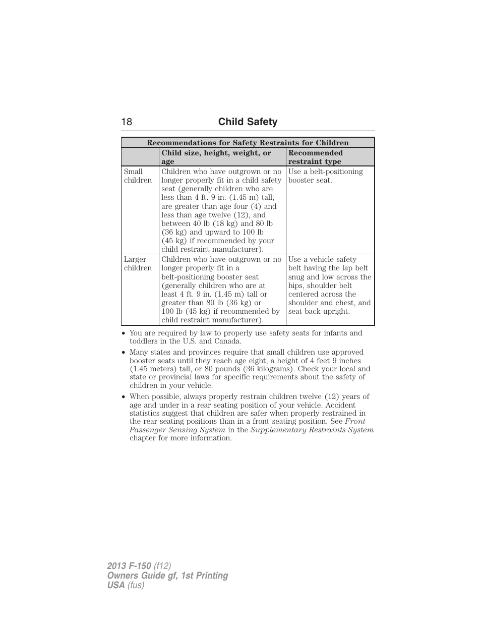 18 child safety | FORD 2013 F-150 v.1 User Manual | Page 18 / 570