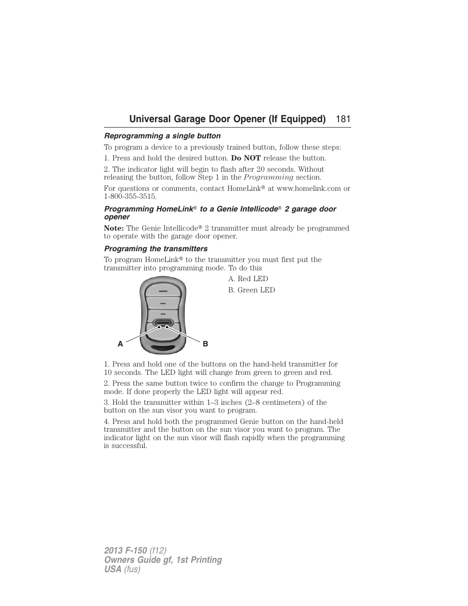 Reprogramming a single button, Programing the transmitters, Universal garage door opener (if equipped) 181 | FORD 2013 F-150 v.1 User Manual | Page 181 / 570