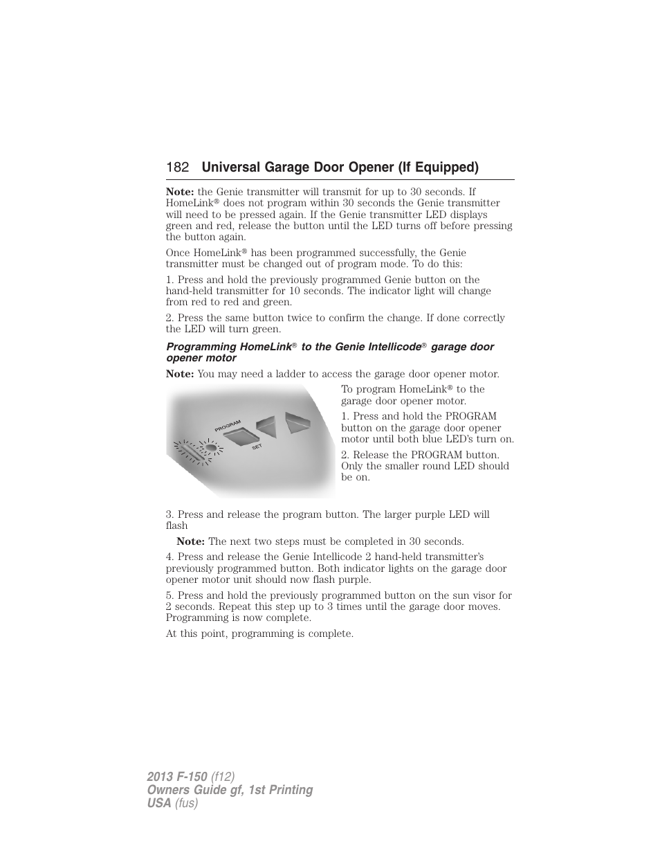 182 universal garage door opener (if equipped) | FORD 2013 F-150 v.1 User Manual | Page 182 / 570