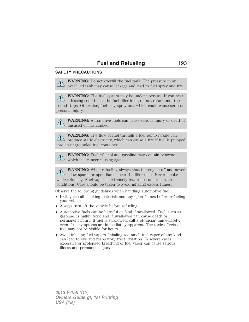 Fuel and refueling, Safety precautions, Fuel and refueling 193 | FORD 2013 F-150 v.1 User Manual | Page 193 / 570