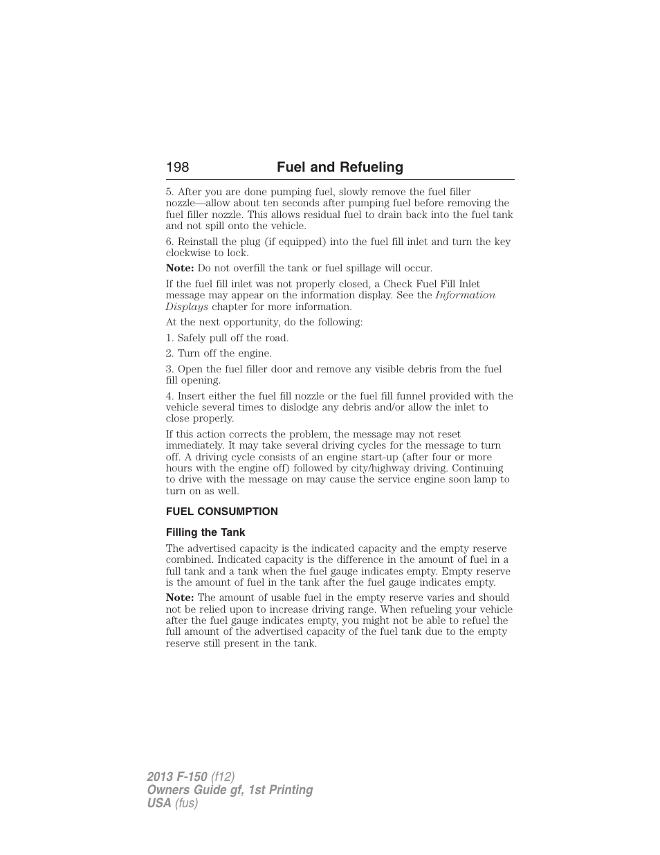 Fuel consumption, Filling the tank, 198 fuel and refueling | FORD 2013 F-150 v.1 User Manual | Page 198 / 570