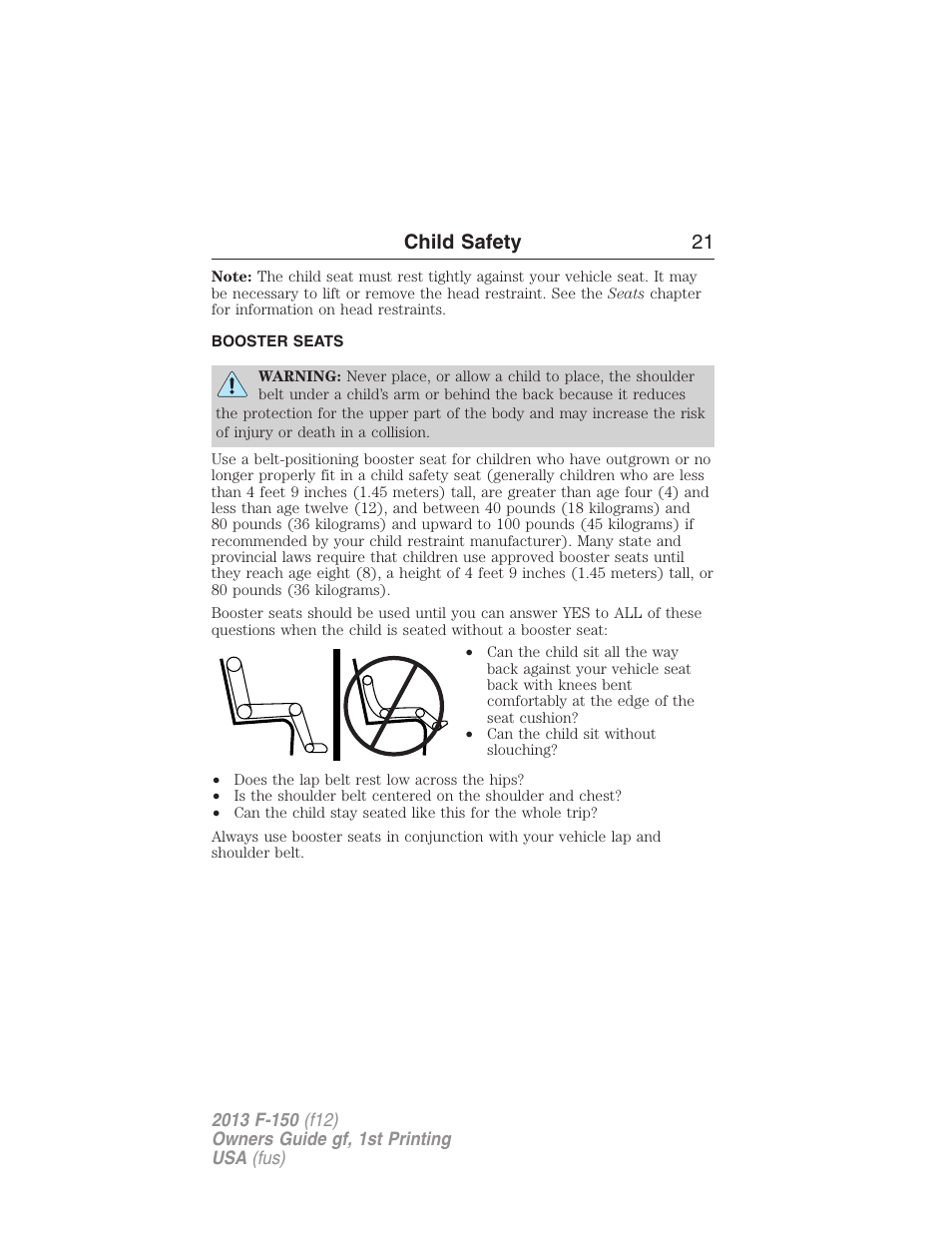 Booster seats, Child safety 21 | FORD 2013 F-150 v.1 User Manual | Page 21 / 570