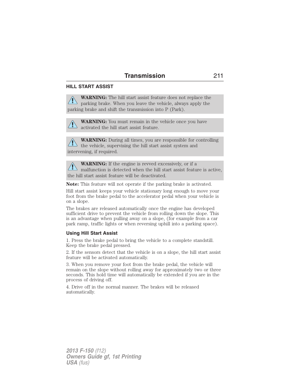 Hill start assist, Using hill start assist, Transmission 211 | FORD 2013 F-150 v.1 User Manual | Page 211 / 570