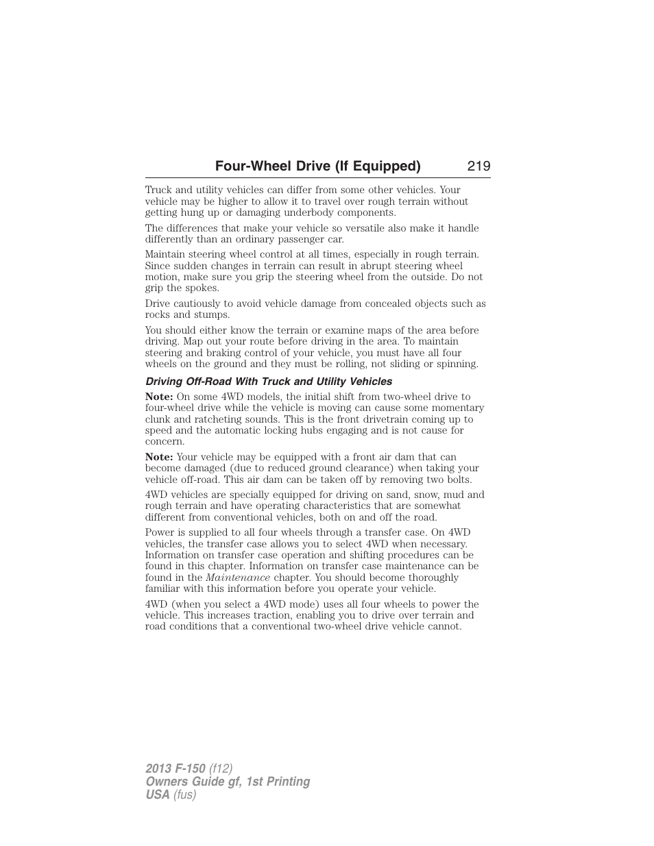 Driving off-road with truck and utility vehicles, Four-wheel drive (if equipped) 219 | FORD 2013 F-150 v.1 User Manual | Page 219 / 570