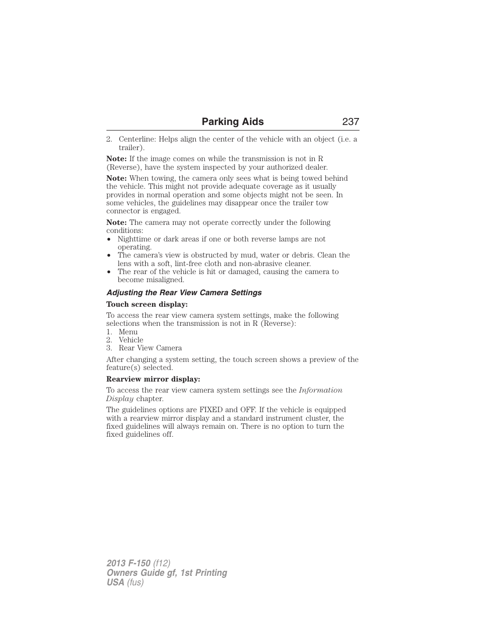 Adjusting the rear view camera settings, Parking aids 237 | FORD 2013 F-150 v.1 User Manual | Page 237 / 570