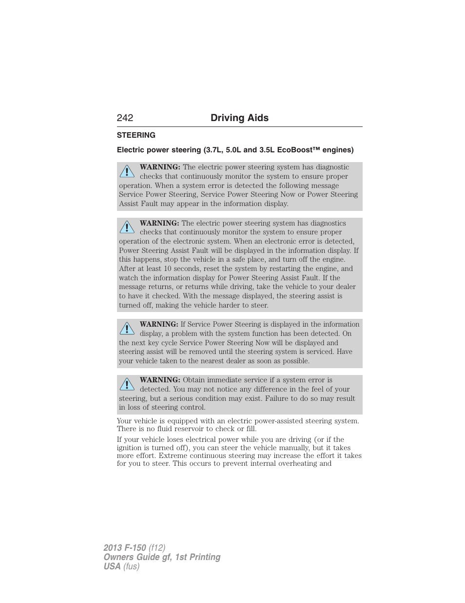 Driving aids, Steering, 242 driving aids | FORD 2013 F-150 v.1 User Manual | Page 242 / 570