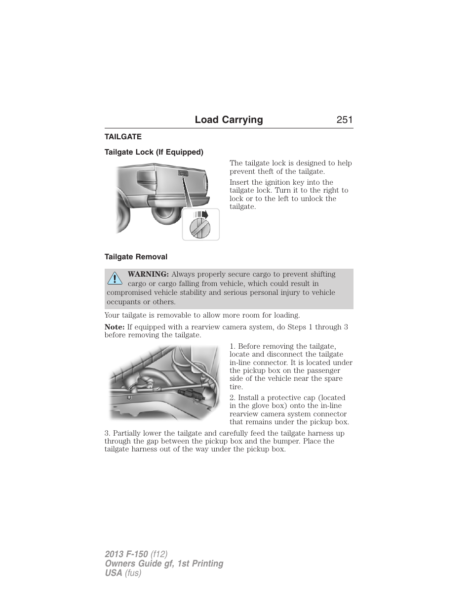 Tailgate, Tailgate lock (if equipped), Tailgate removal | Load carrying 251 | FORD 2013 F-150 v.1 User Manual | Page 251 / 570